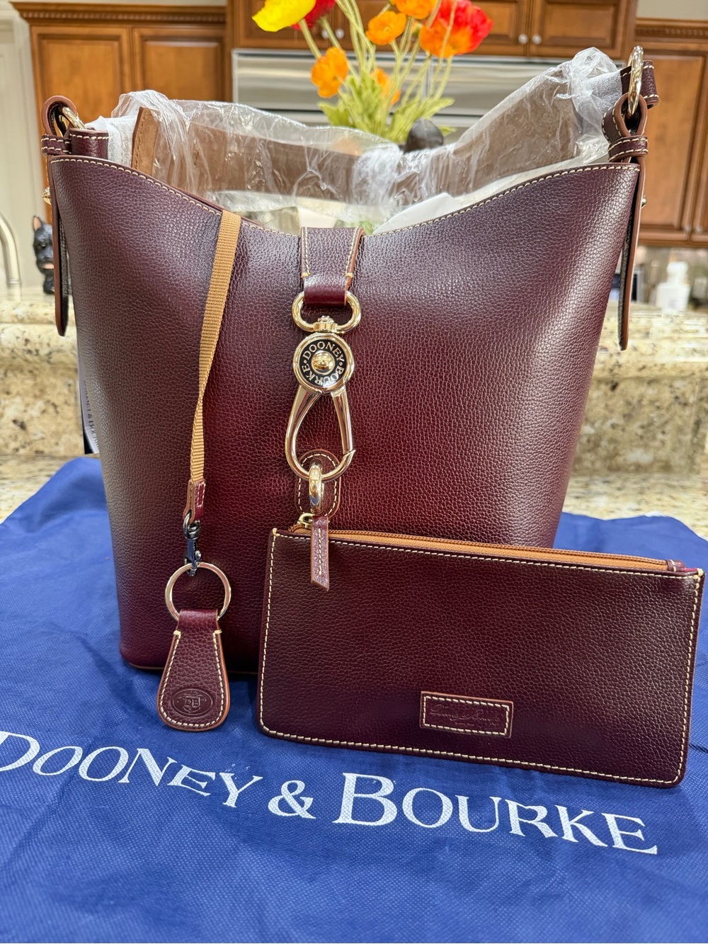 Dooney & Bourke Bordeaux Pebbled Leather “Lily Bucket”, Wallet & Key Ring. NWT.